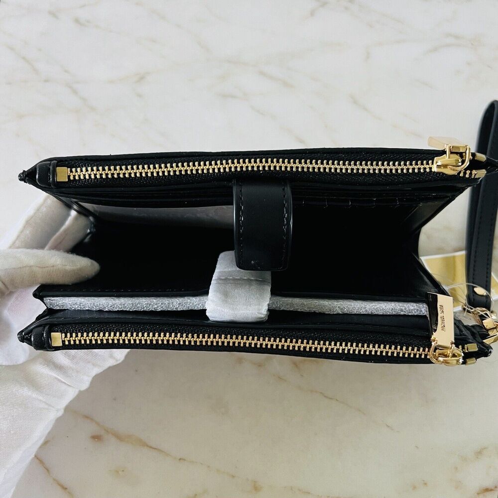 MICHAEL KORS Jet Set Black Multi Leather Logo Print Double Zip Wallet Wristlet - Picture 7 of 9